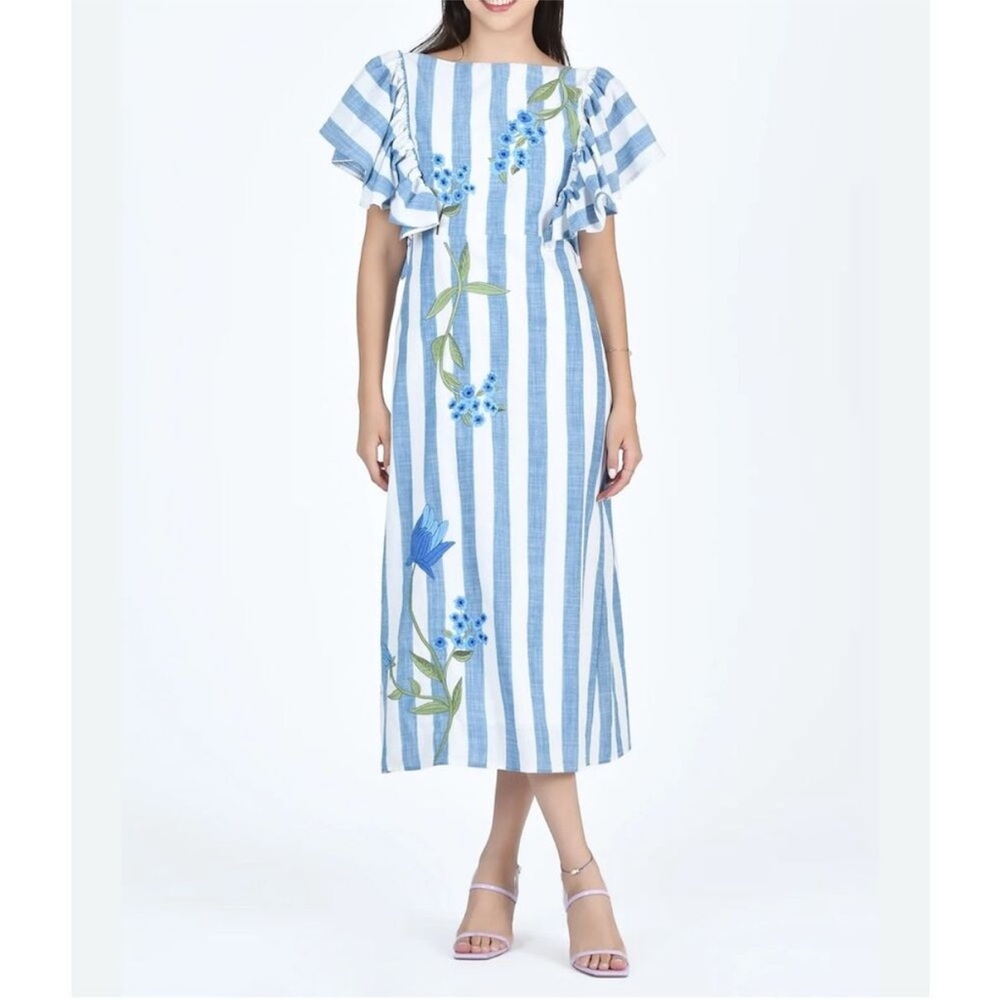 Fanm Mon Blue/White Embroidered Valeria Cotton Dress Size S Ruffle Cottagecore